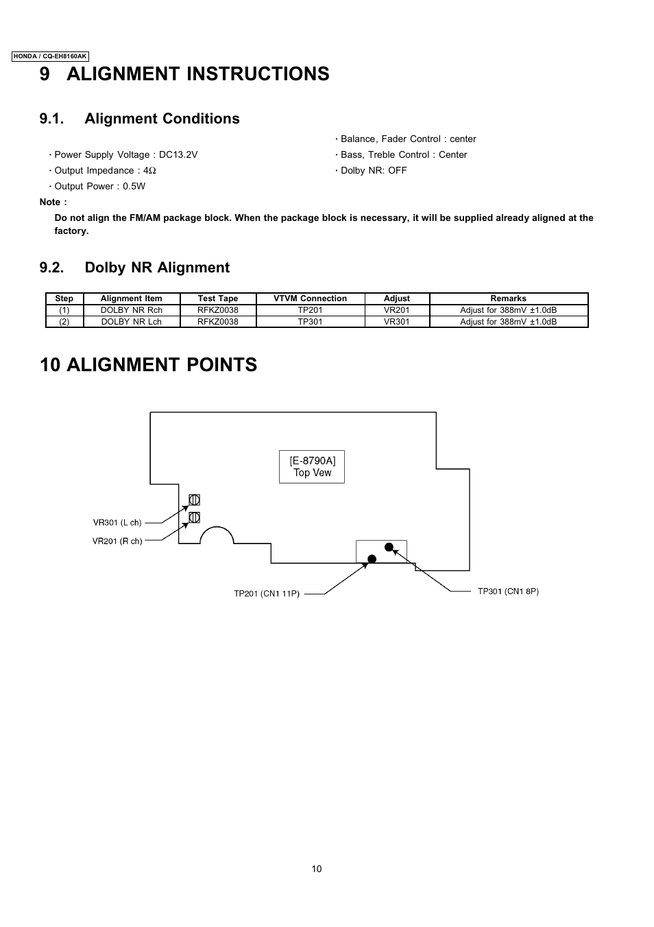 9 alignment instructions, 10 alignment points, Alignment conditions | Dolby nr alignment | Insignia CQ-EH8160AK User Manual | Page 10 / 37