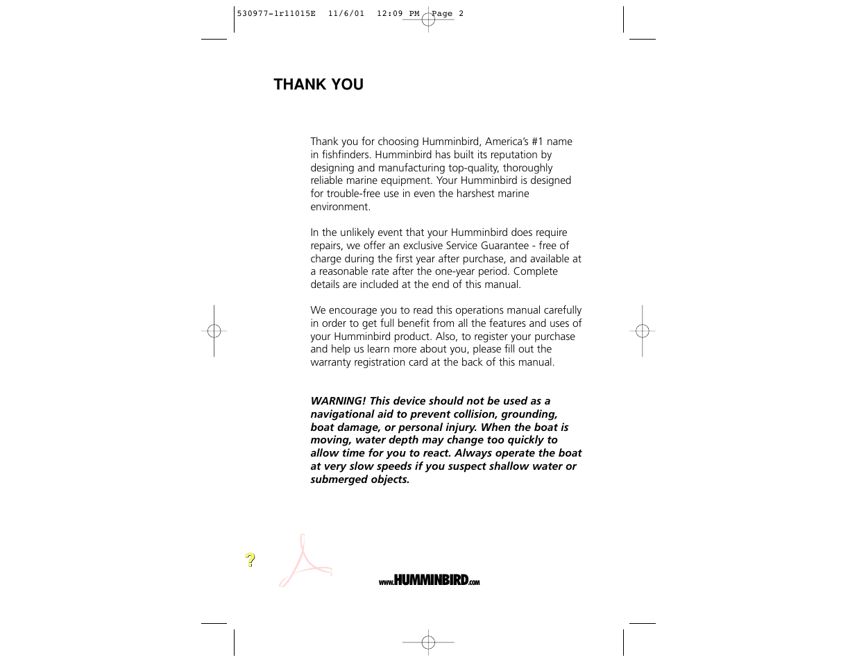 Thank you, Cal werry, Humminbird | Insignia 450TX User Manual | Page 2 / 40