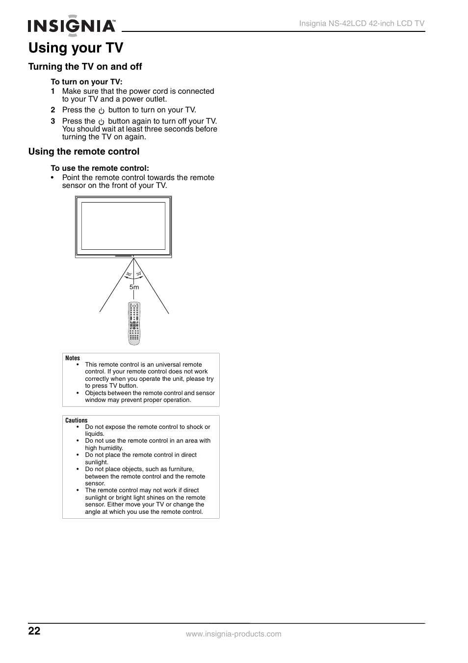 Using your tv, Turning the tv on and off, Using the remote control | Insignia NS-42 User Manual | Page 22 / 124