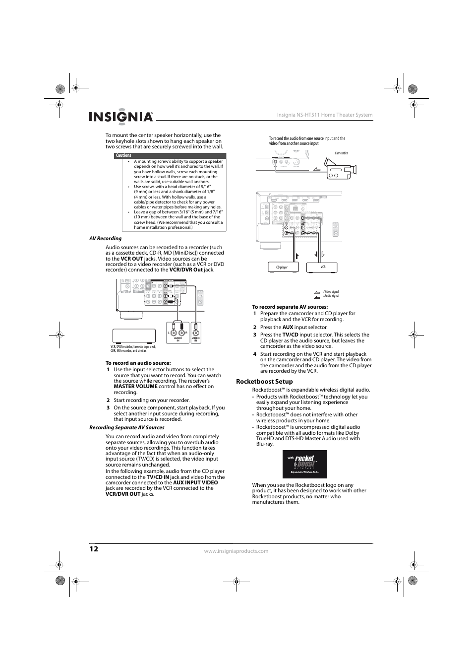 Av recording, Recording separate av sources, Rocketboost setup | Insignia NS-HT511 User Manual | Page 16 / 42