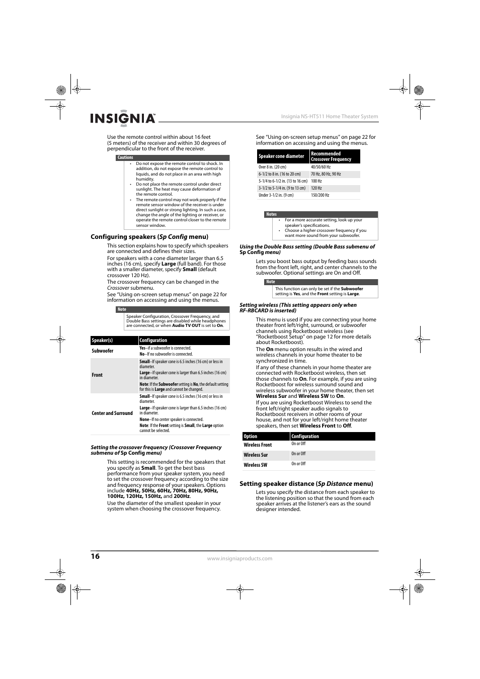 Configuring speakers (sp config menu), Setting speaker distance (sp distance menu) | Insignia NS-HT511 User Manual | Page 20 / 42