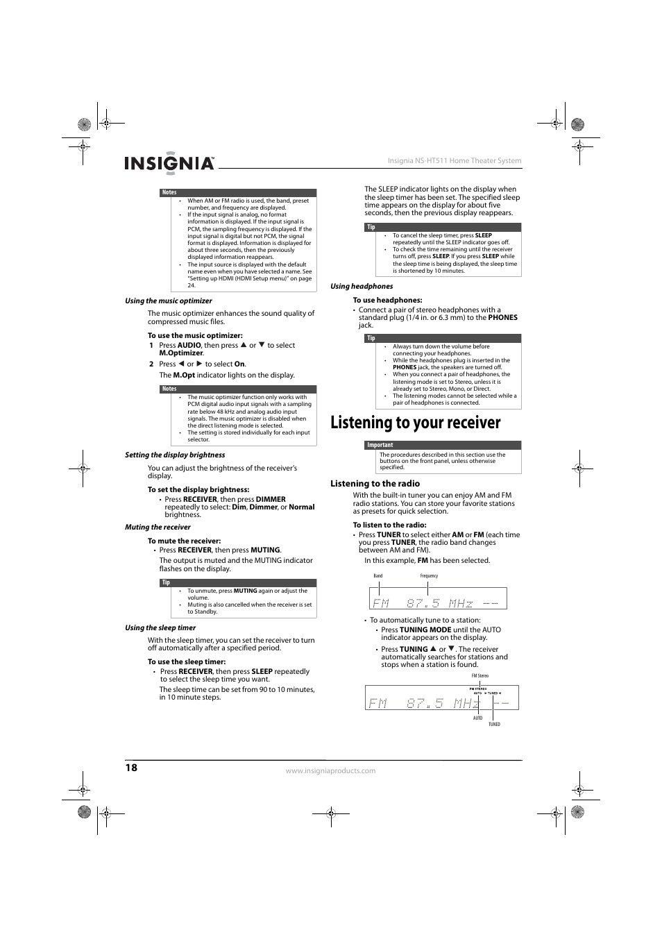 Using the music optimizer, Setting the display brightness, Muting the receiver | Using the sleep timer, Using headphones, Listening to your receiver, Listening to the radio | Insignia NS-HT511 User Manual | Page 22 / 42