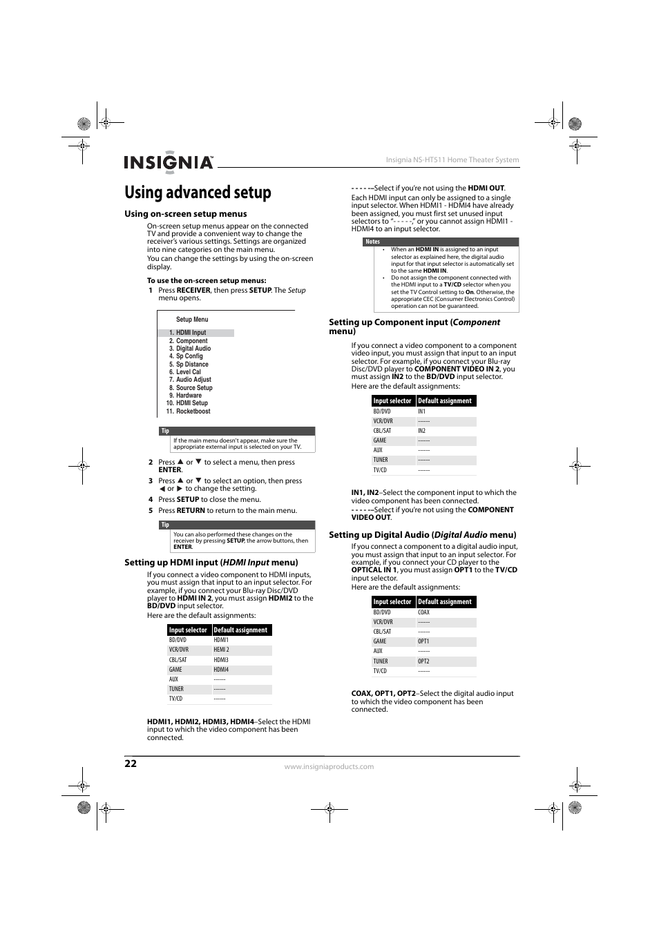 Using advanced setup, Using on-screen setup menus, Setting up hdmi input (hdmi input menu) | Setting up component input (component menu), Setting up digital audio (digital audio menu) | Insignia NS-HT511 User Manual | Page 26 / 42