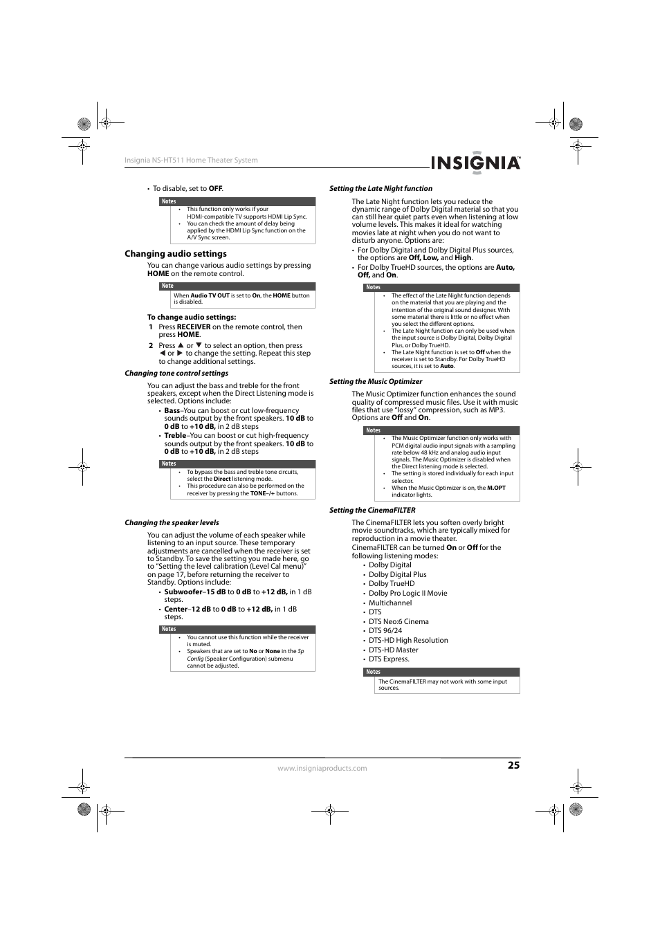 Changing audio settings, Changing tone control settings, Changing the speaker levels | Setting the late night function, Setting the music optimizer, Setting the cinemafilter | Insignia NS-HT511 User Manual | Page 29 / 42