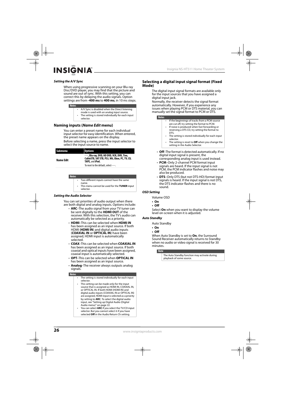 Setting the a/v sync, Naming inputs (name edit menu), Setting the audio selector | Osd setting, Auto standby | Insignia NS-HT511 User Manual | Page 30 / 42