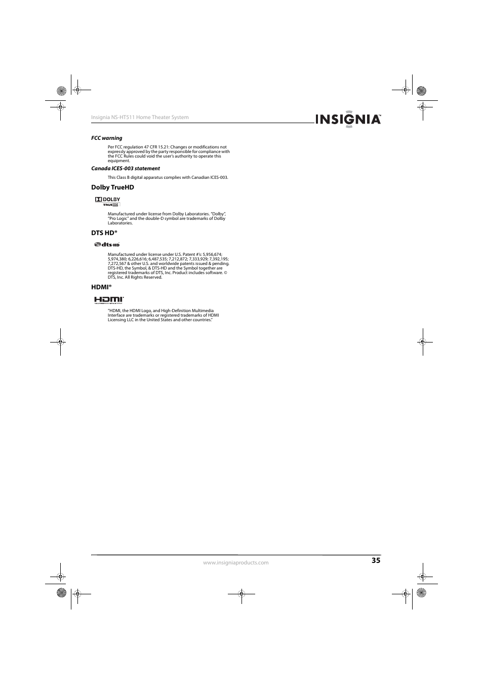 Fcc warning, Canada ices-003 statement, Dolby truehd | Dts hd, Hdmi, Dolby truehd dts hd® hdmi | Insignia NS-HT511 User Manual | Page 39 / 42