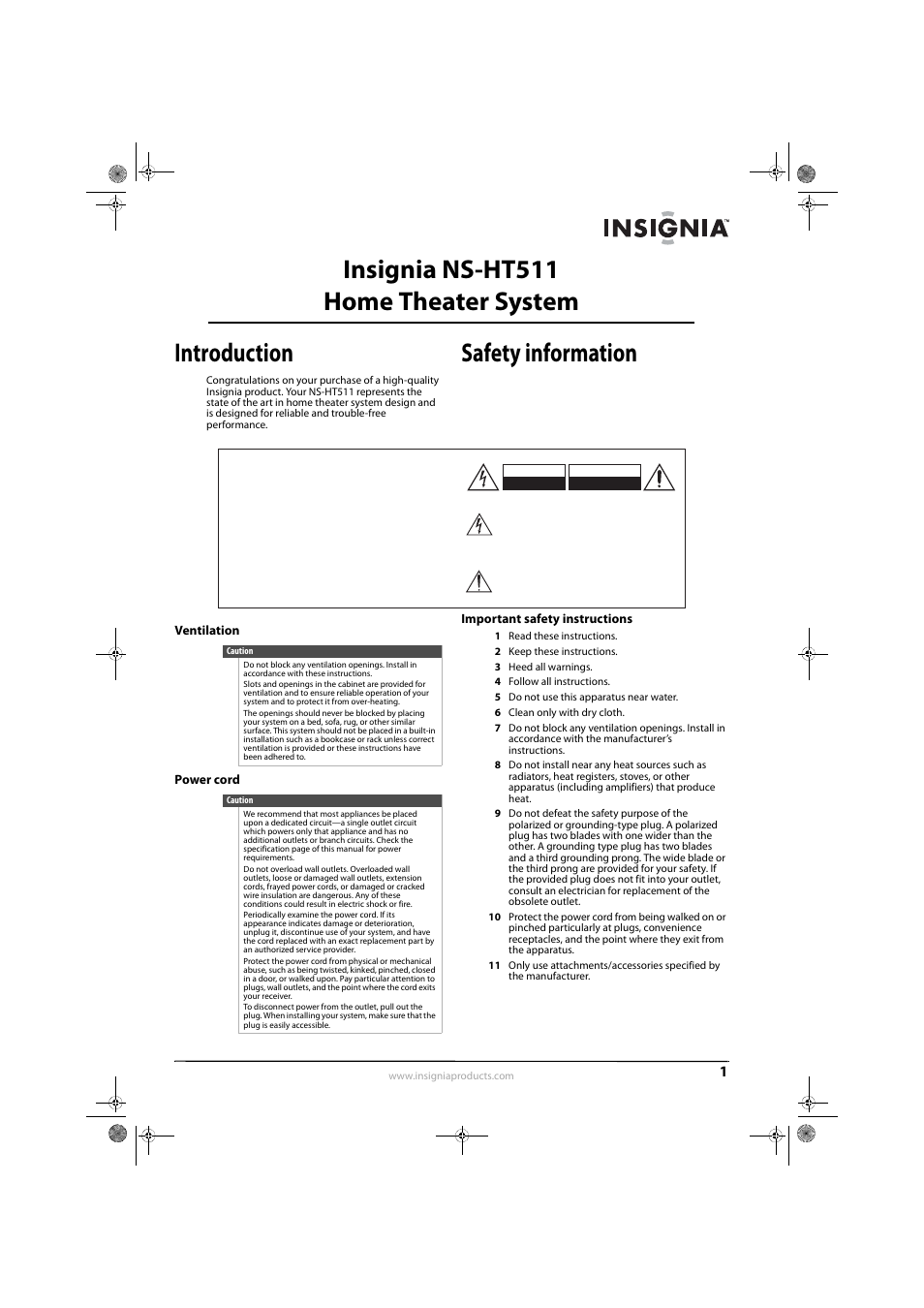 Insignia ns-ht511 home theater system, Introduction, Safety information | Ventilation, Power cord, Important safety instructions, Insignia ns-ht511 home theater system introduction | Insignia NS-HT511 User Manual | Page 5 / 42