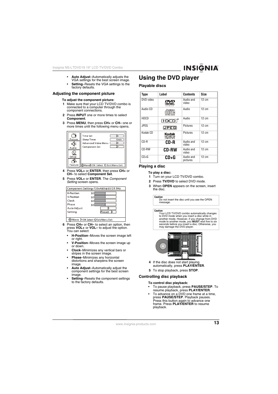Using the dvd player, Cd-r, Cd-rw | Cd+g | Insignia NS-LTDVD19 User Manual | Page 15 / 68