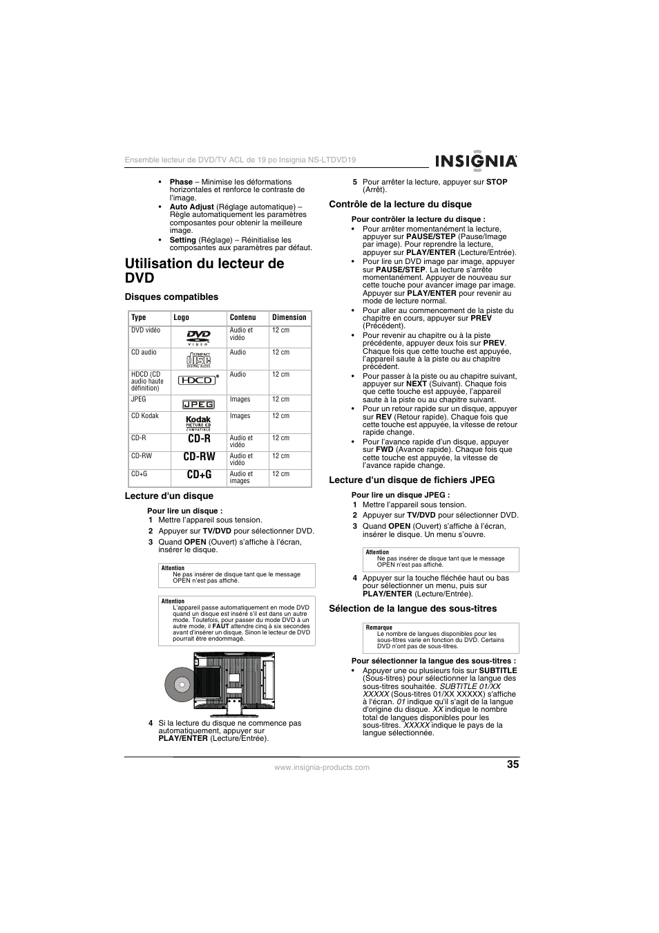 Utilisation du lecteur de dvd, Cd-r, Cd-rw | Cd+g | Insignia NS-LTDVD19 User Manual | Page 37 / 68