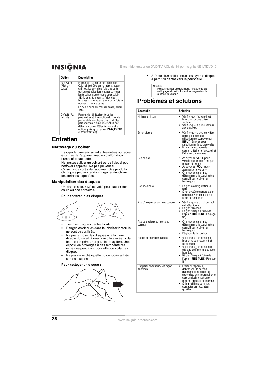 Entretien, Problèmes et solutions | Insignia NS-LTDVD19 User Manual | Page 40 / 68