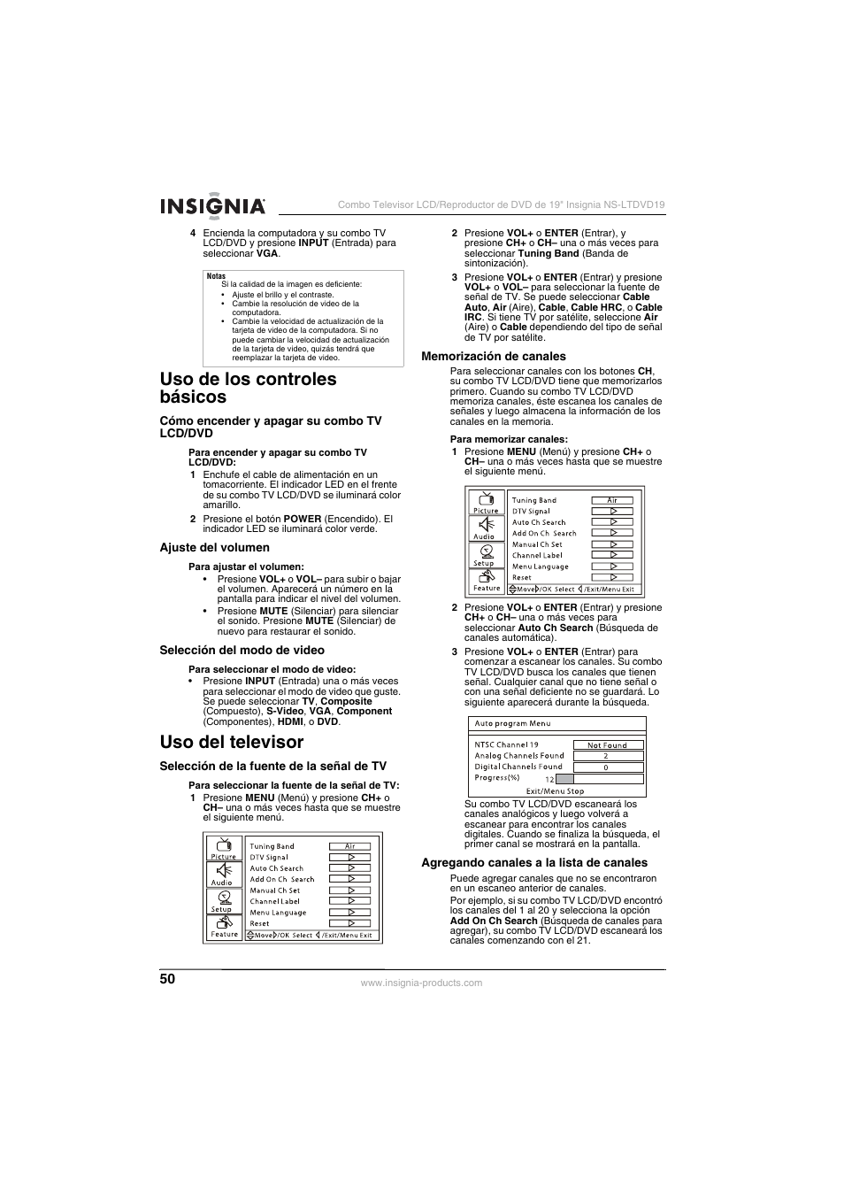 Uso de los controles básicos, Uso del televisor | Insignia NS-LTDVD19 User Manual | Page 52 / 68