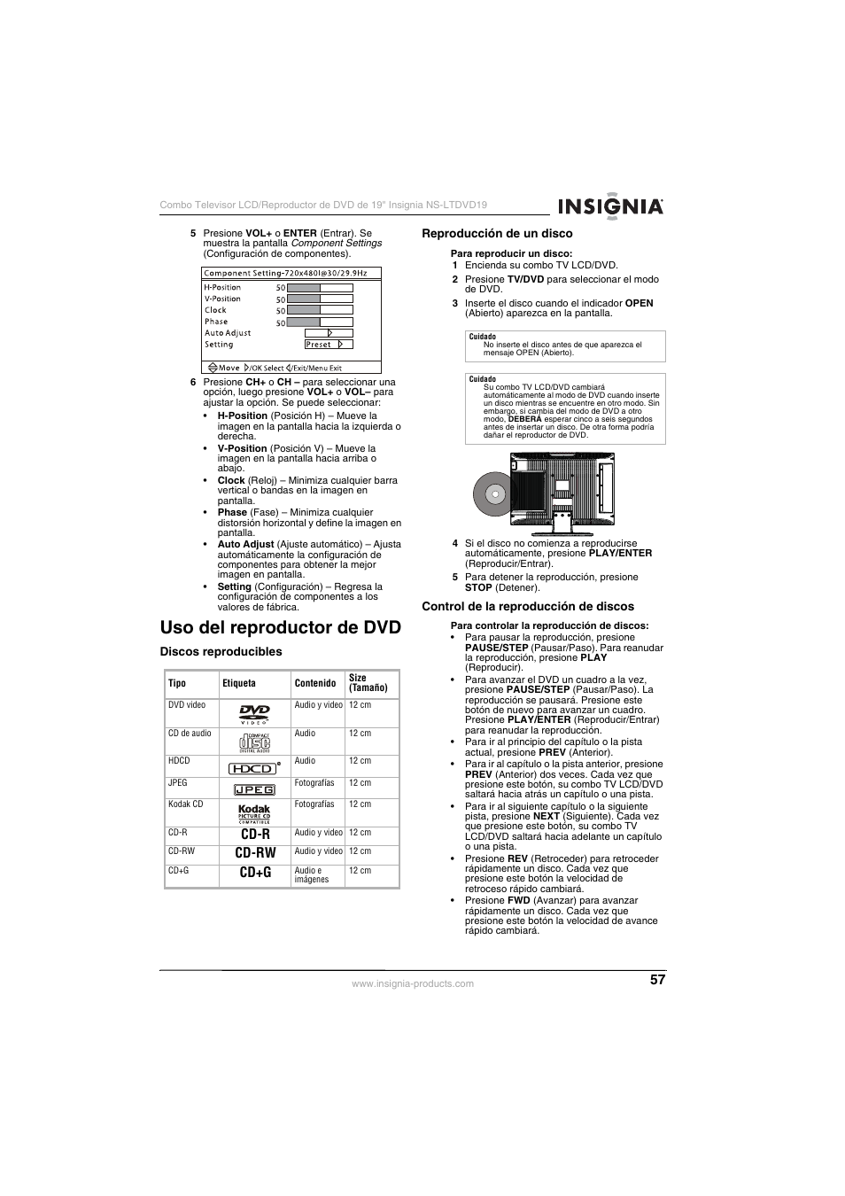 Uso del reproductor de dvd, Cd-r, Cd-rw | Cd+g | Insignia NS-LTDVD19 User Manual | Page 59 / 68