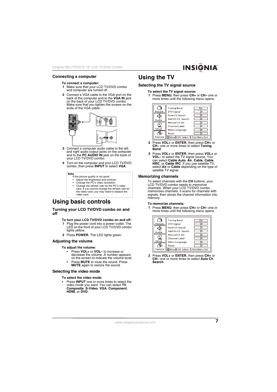 Using basic controls, Using the tv | Insignia NS-LTDVD19 User Manual | Page 9 / 68