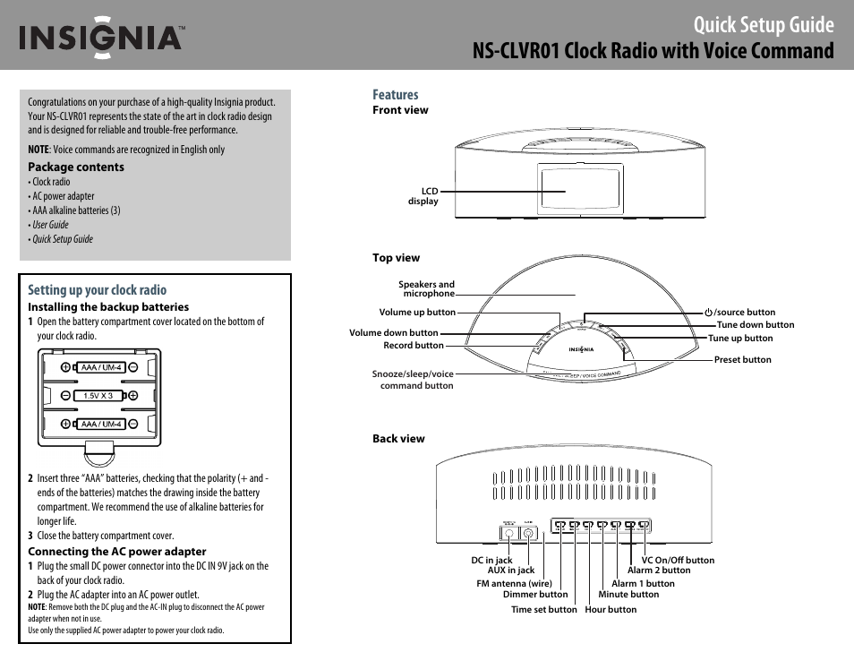 Insignia NS-CLVR01 User Manual | 2 pages