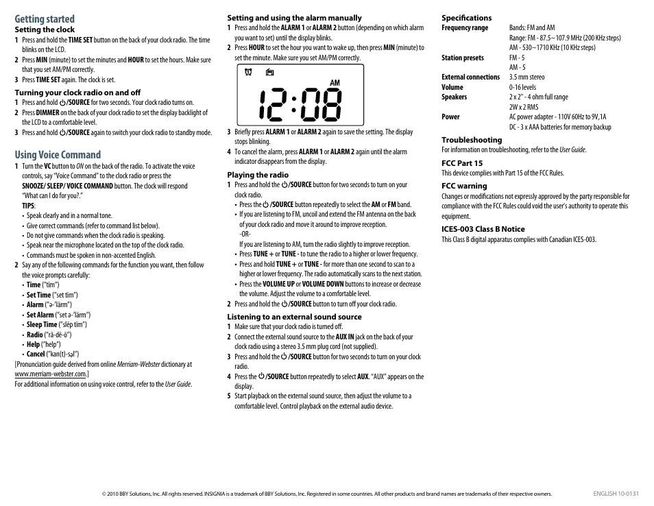 Getting started, Using voice command | Insignia NS-CLVR01 User Manual | Page 2 / 2