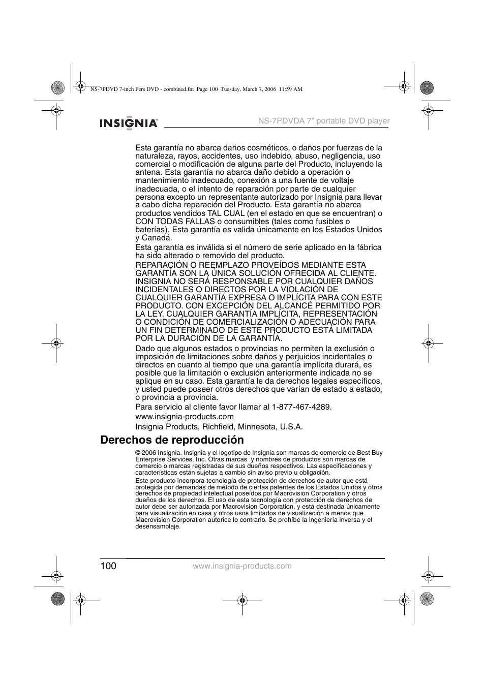 Derechos de reproducción | Insignia NS-7PDVDA User Manual | Page 101 / 102