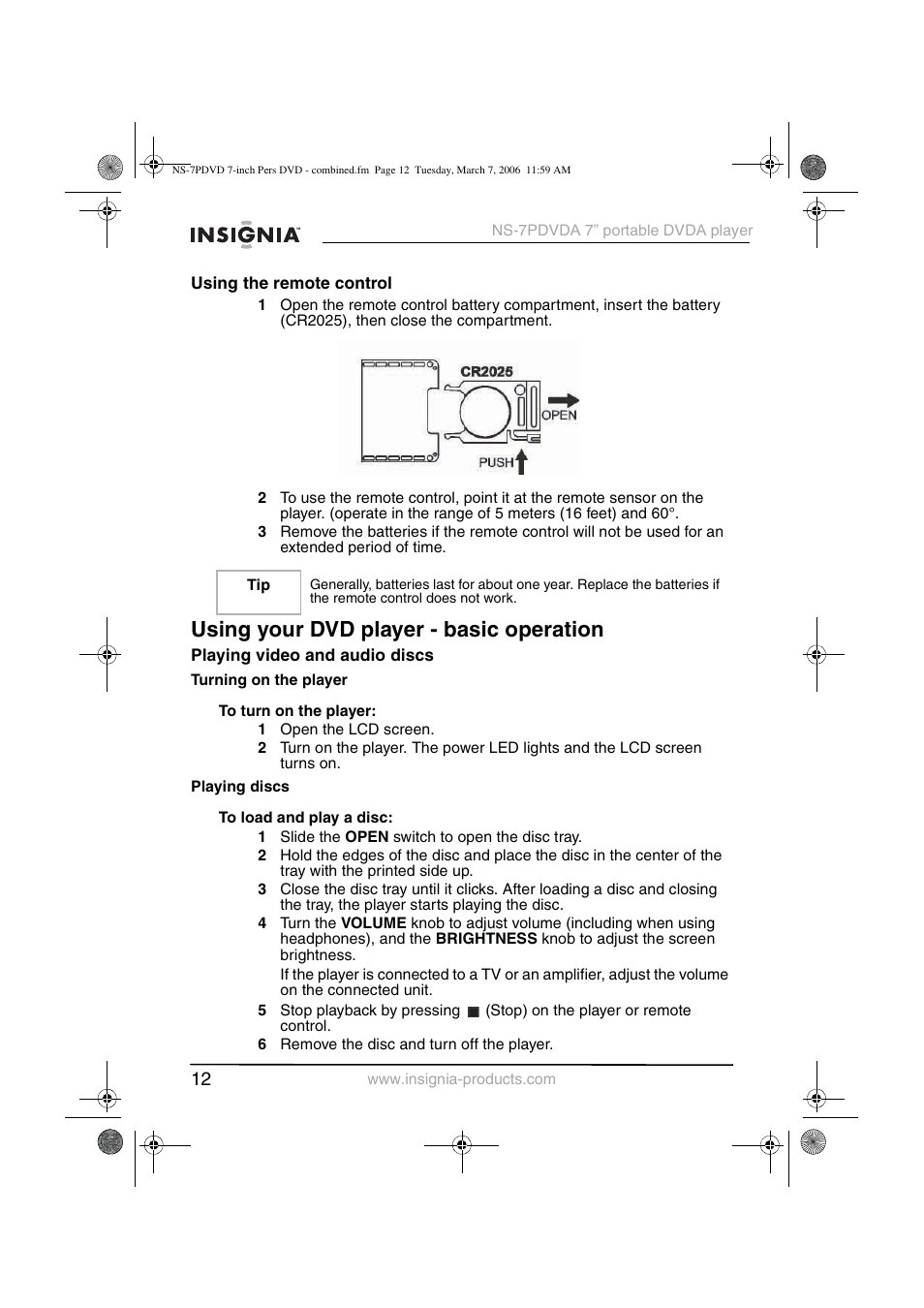 Using your dvd player - basic operation | Insignia NS-7PDVDA User Manual | Page 13 / 102