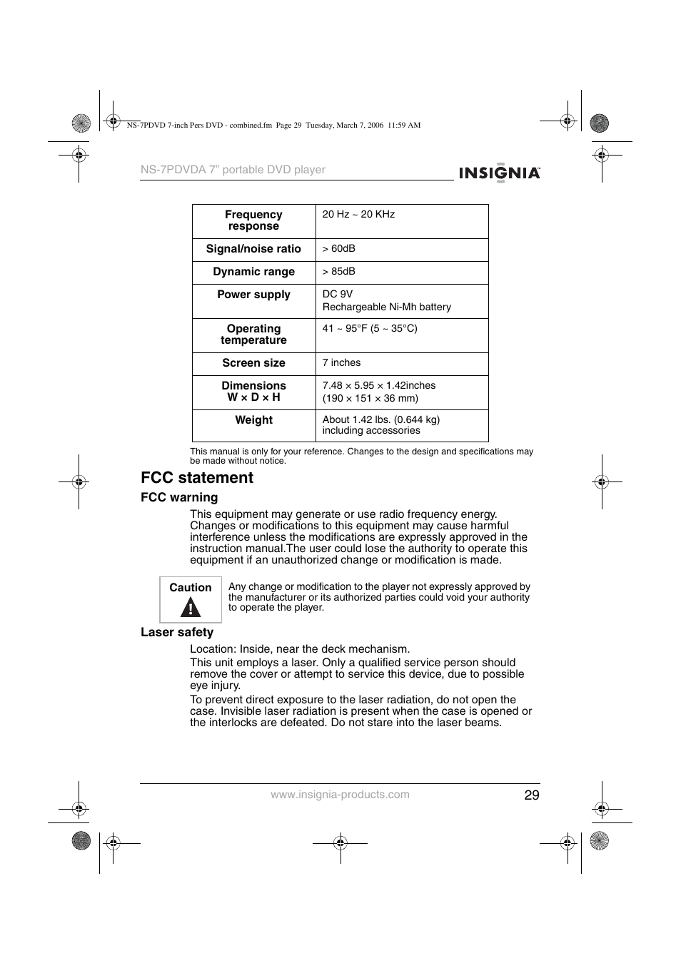 Fcc statement | Insignia NS-7PDVDA User Manual | Page 30 / 102