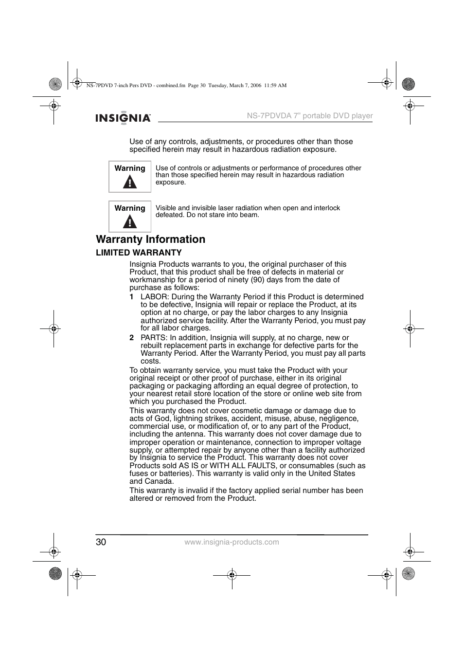Warranty information | Insignia NS-7PDVDA User Manual | Page 31 / 102