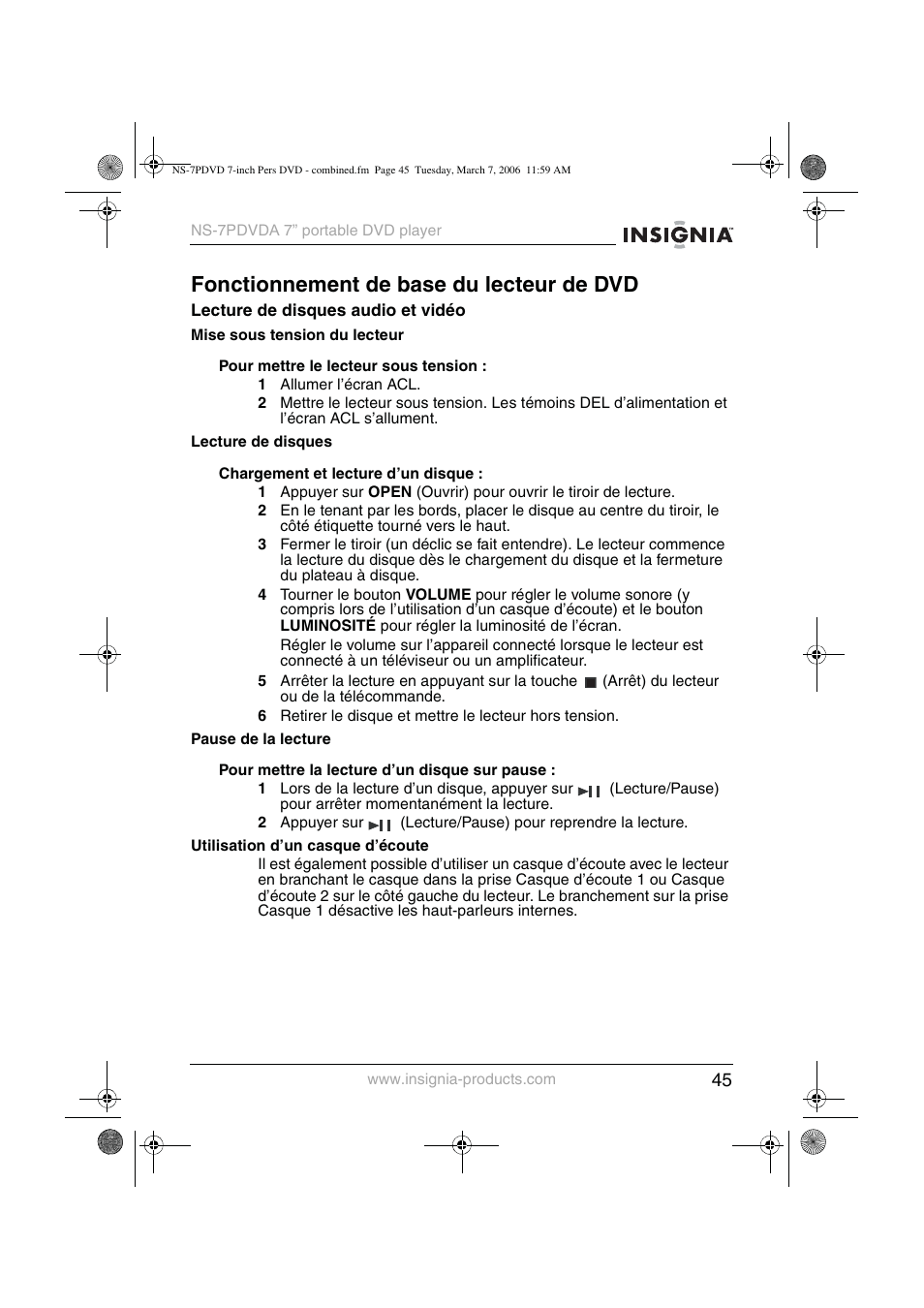 Fonctionnement de base du lecteur de dvd | Insignia NS-7PDVDA User Manual | Page 46 / 102