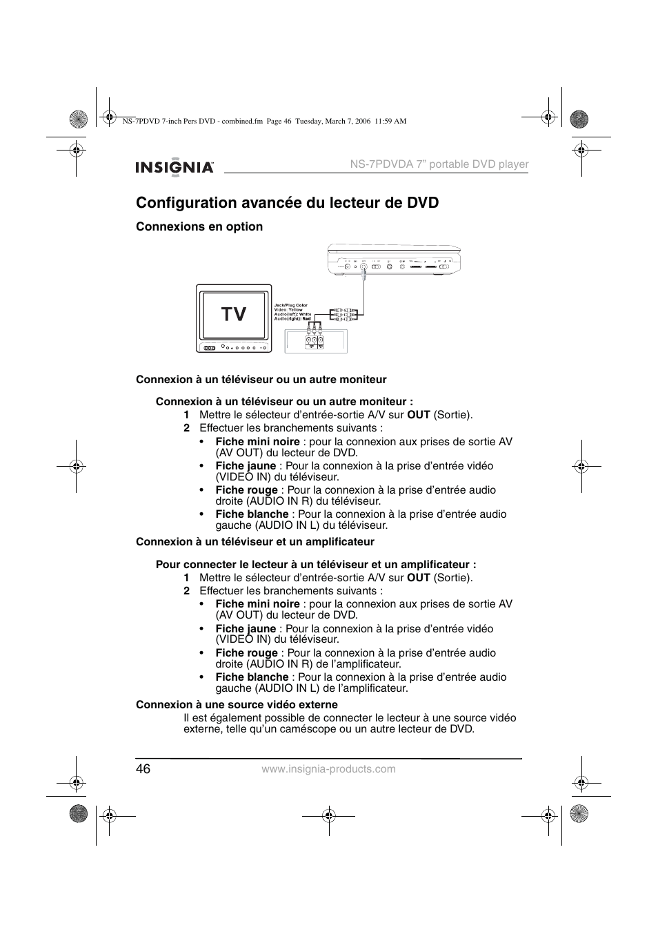 Configuration avancée du lecteur de dvd, Connexions en option | Insignia NS-7PDVDA User Manual | Page 47 / 102