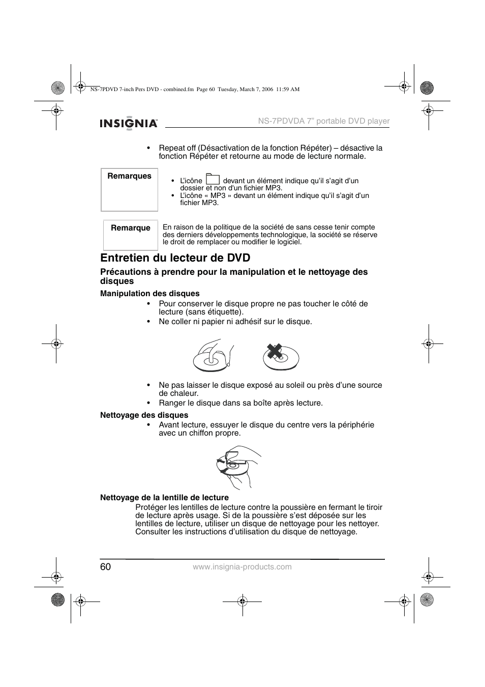 Entretien du lecteur de dvd | Insignia NS-7PDVDA User Manual | Page 61 / 102