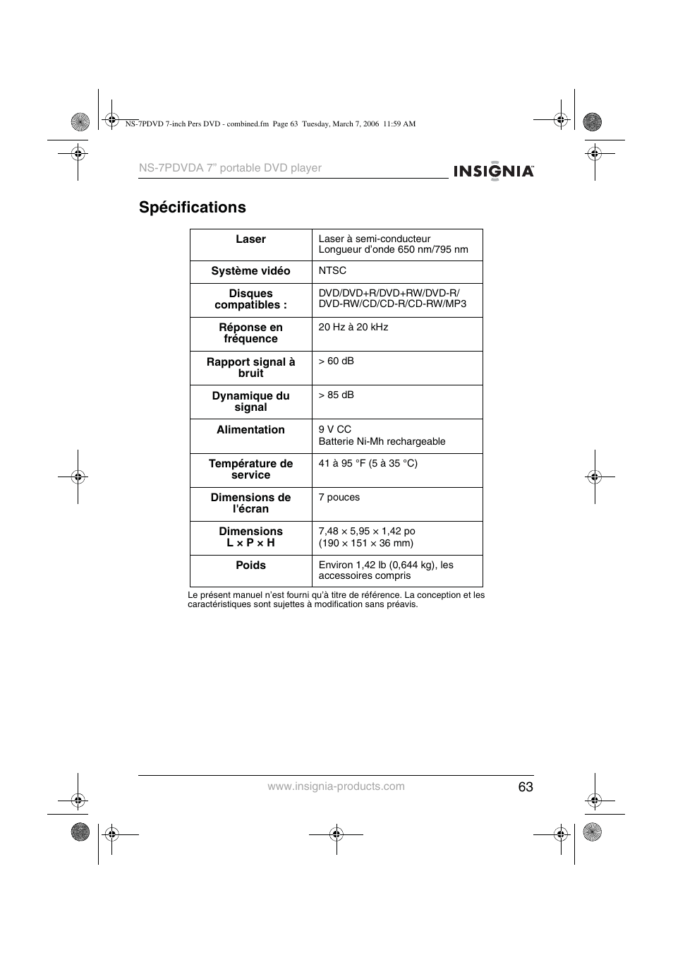 Spécifications | Insignia NS-7PDVDA User Manual | Page 64 / 102