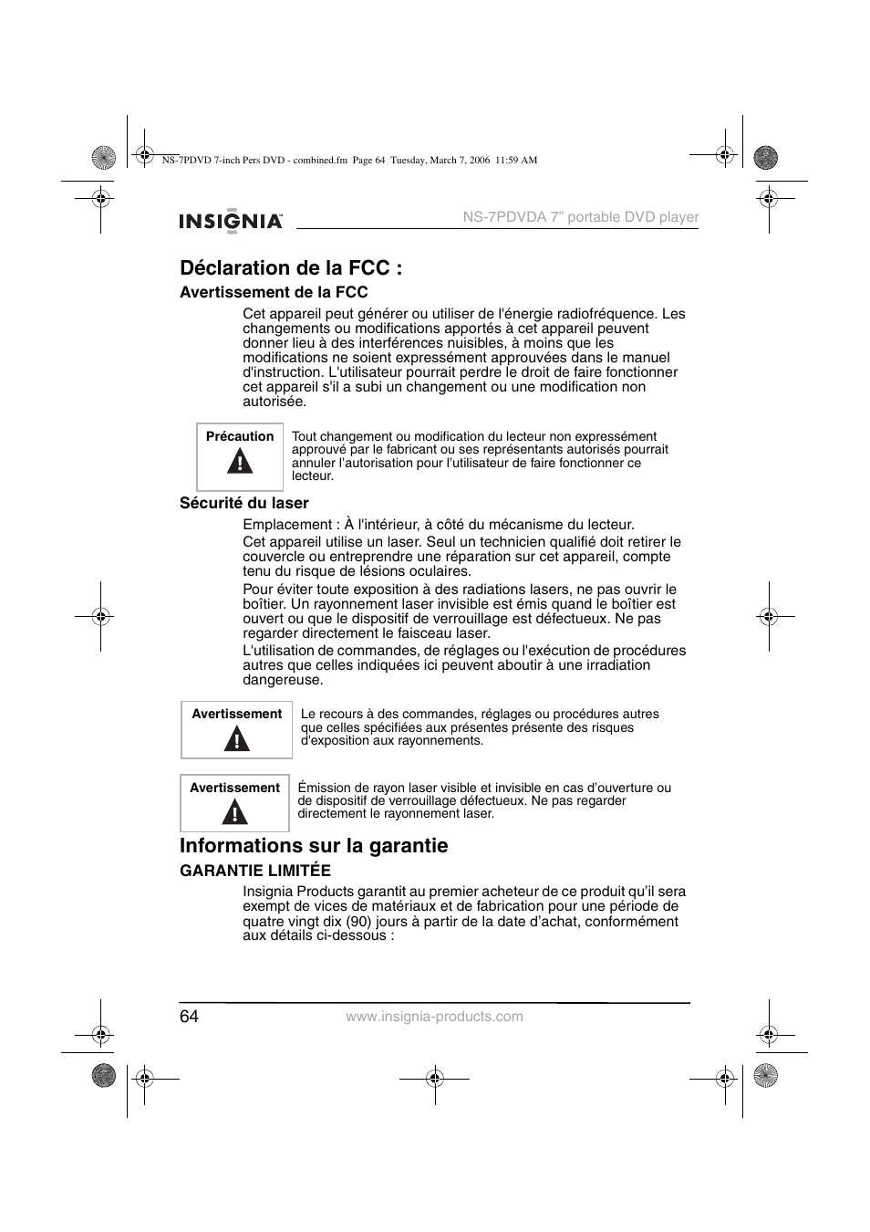 Déclaration de la fcc, Informations sur la garantie | Insignia NS-7PDVDA User Manual | Page 65 / 102
