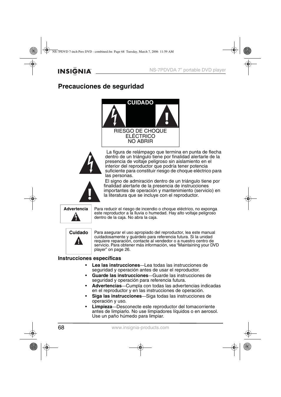 Precauciones de seguridad, Cuidado | Insignia NS-7PDVDA User Manual | Page 69 / 102