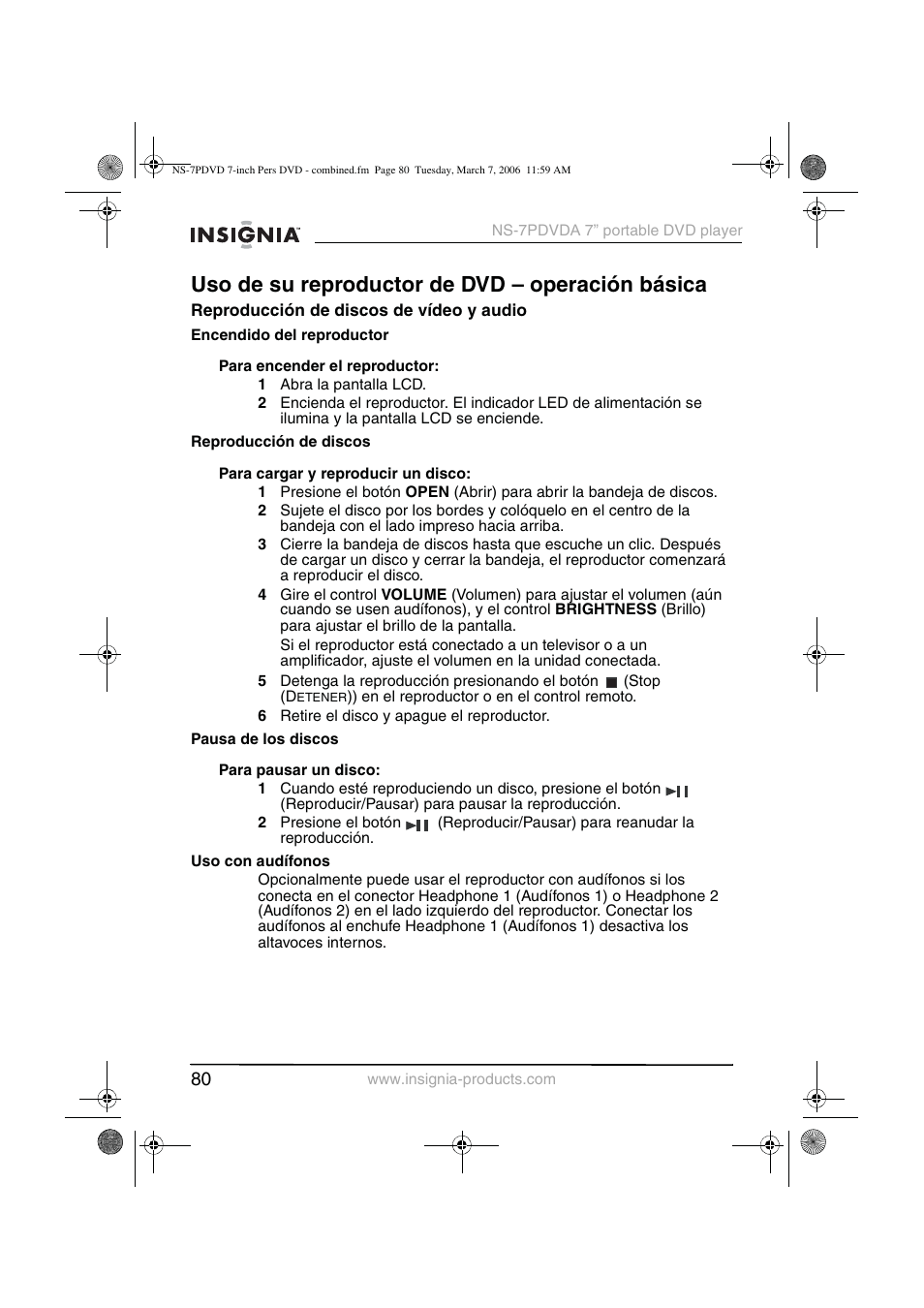 Uso de su reproductor de dvd – operación básica | Insignia NS-7PDVDA User Manual | Page 81 / 102