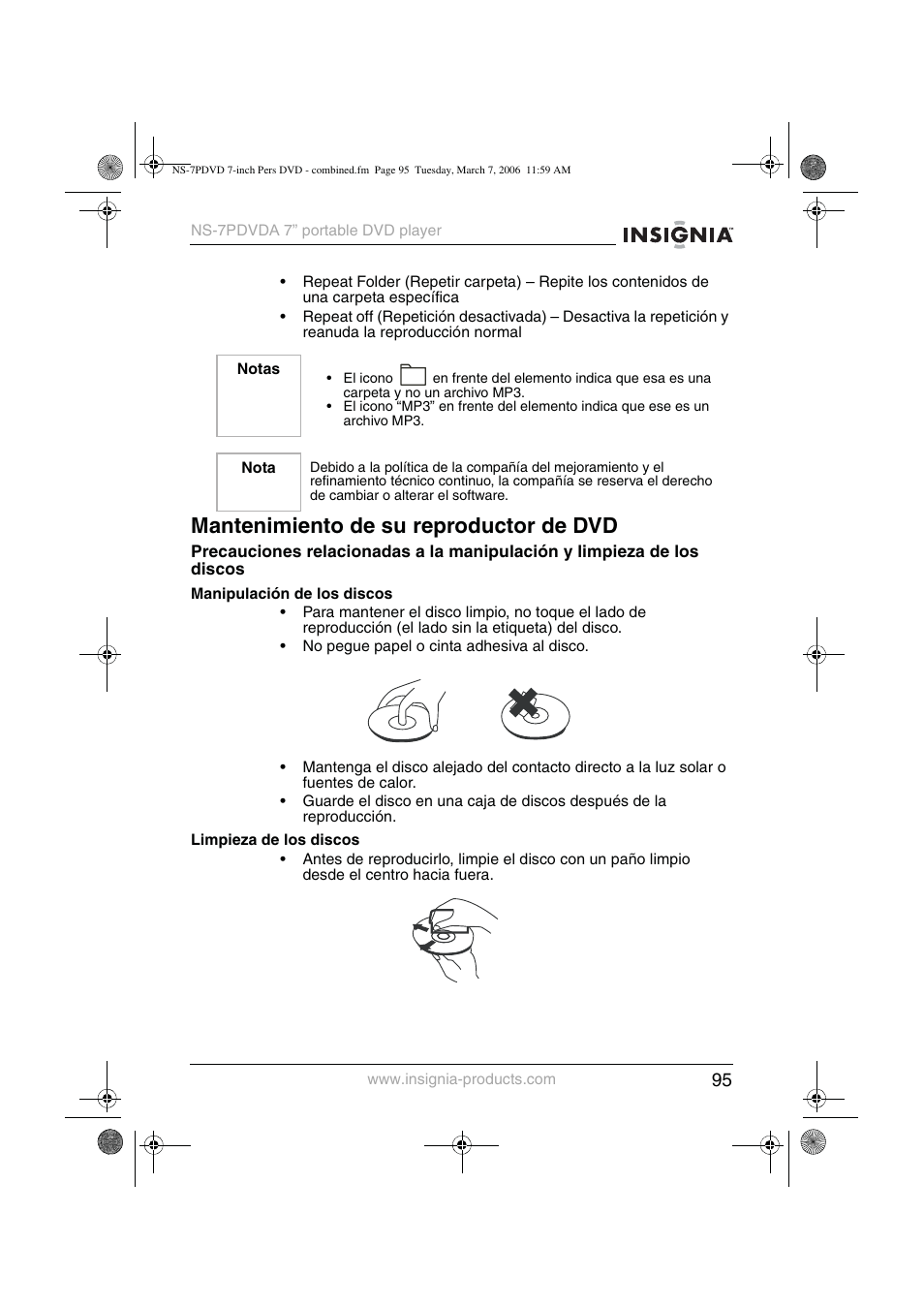 Mantenimiento de su reproductor de dvd | Insignia NS-7PDVDA User Manual | Page 96 / 102