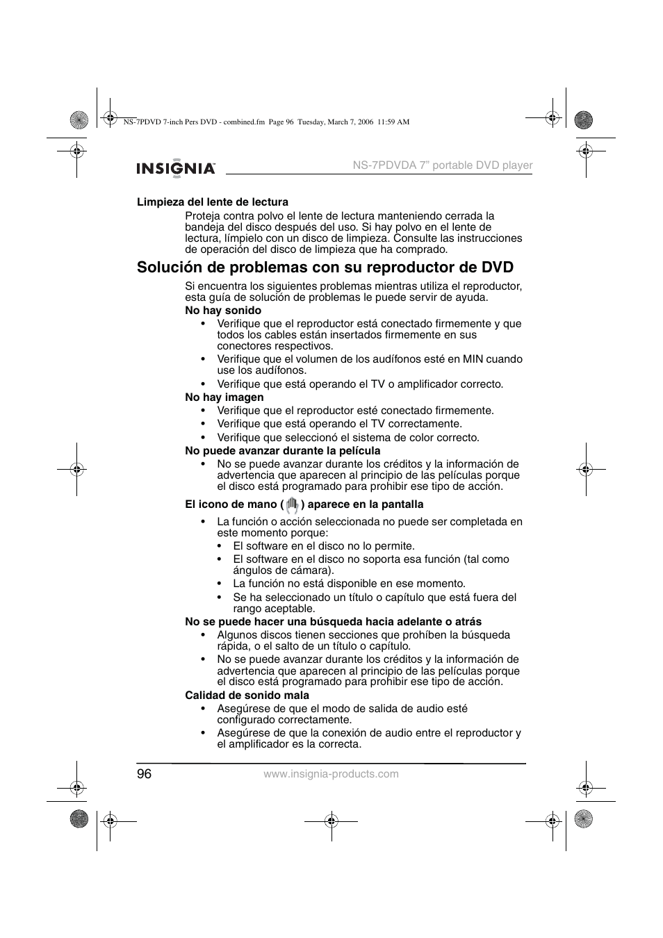 Solución de problemas con su reproductor de dvd | Insignia NS-7PDVDA User Manual | Page 97 / 102