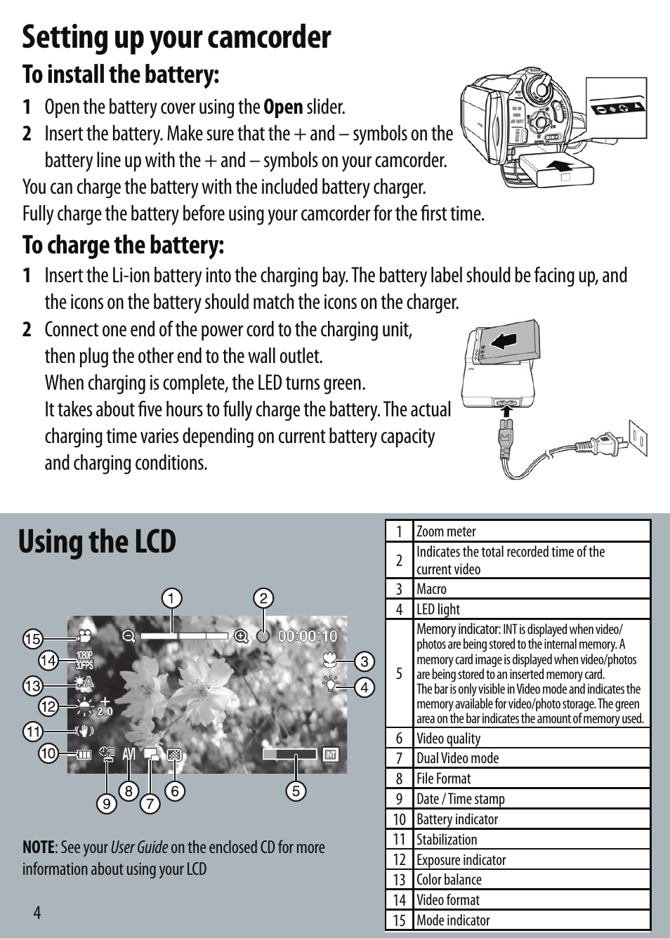 Setting up your camcorder, Using the lcd | Insignia NS-DV111080F User Manual | Page 4 / 8