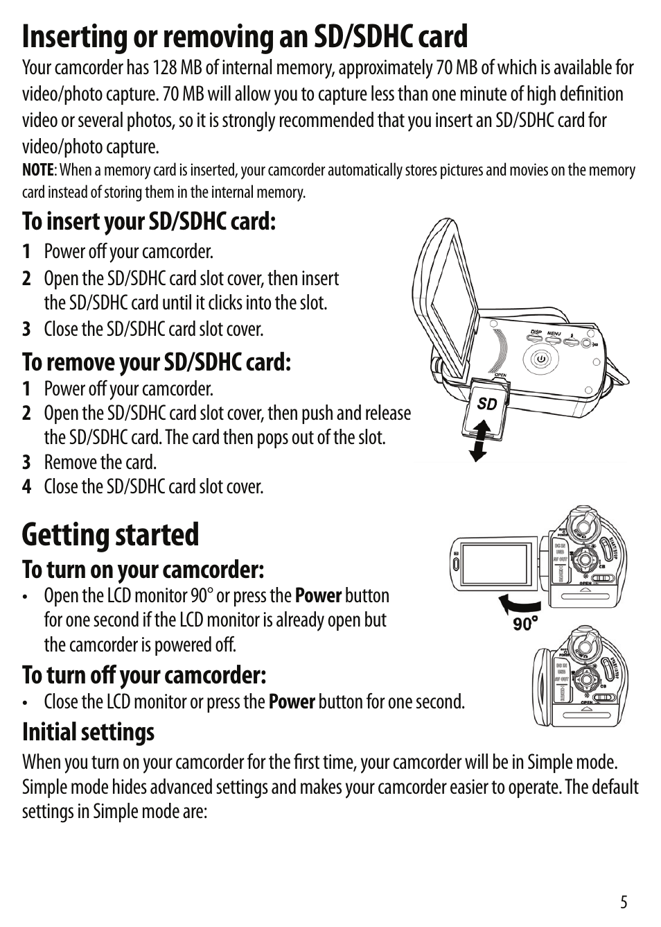 Inserting or removing an sd/sdhc card, Getting started | Insignia NS-DV111080F User Manual | Page 5 / 8
