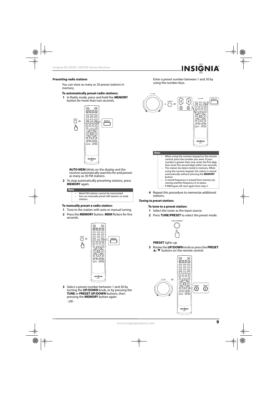 Presetting radio stations, Tuning to preset stations | Insignia NS-R2001 User Manual | Page 11 / 16