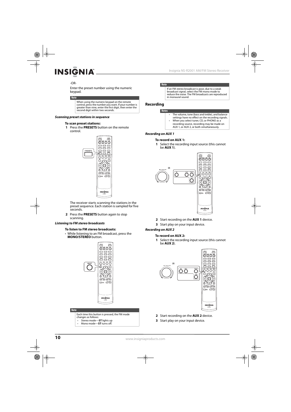 Scanning preset stations in sequence, Listening to fm stereo broadcasts, Recording | Recording on aux 1, Recording on aux 2 | Insignia NS-R2001 User Manual | Page 12 / 16