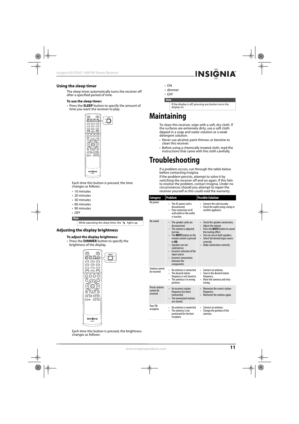 Using the sleep timer, Adjusting the display brightness, Maintaining | Troubleshooting | Insignia NS-R2001 User Manual | Page 13 / 16