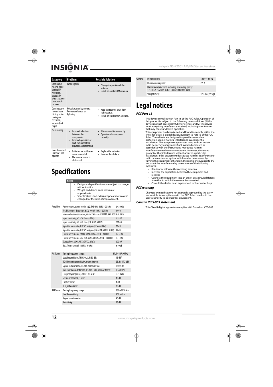 Specifications, Legal notices, Fcc part 15 | Fcc warning, Canada ices-003 statement, Specifications legal notices | Insignia NS-R2001 User Manual | Page 14 / 16