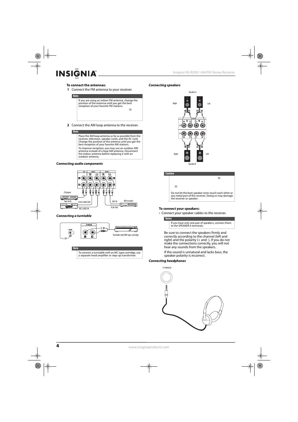 Connecting audio components, Connecting a turntable, Connecting speakers | Connecting headphones | Insignia NS-R2001 User Manual | Page 6 / 16