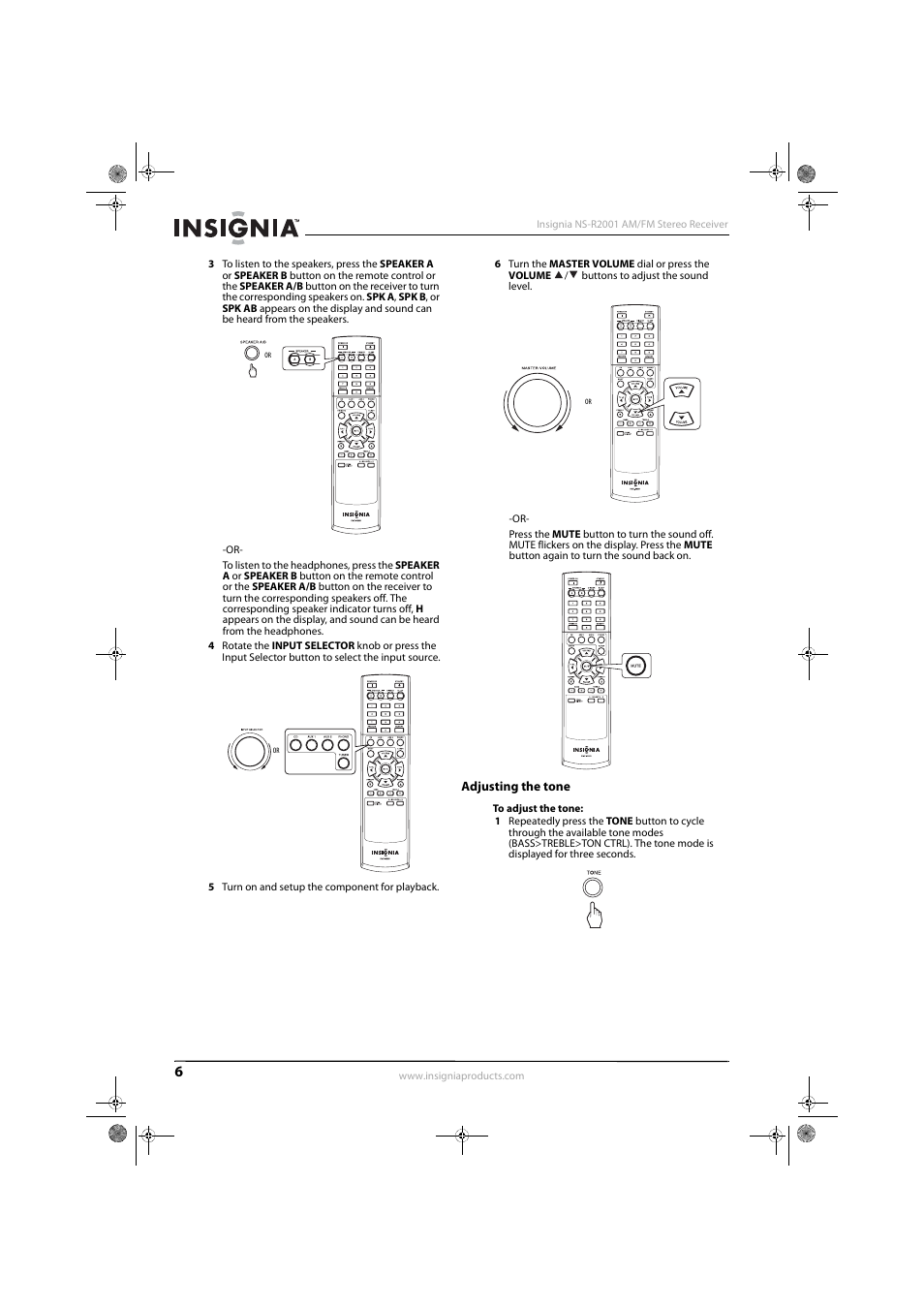 Adjusting the tone | Insignia NS-R2001 User Manual | Page 8 / 16