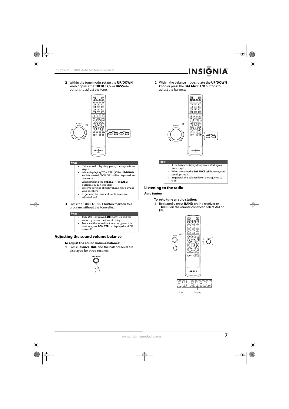 Adjusting the sound volume balance, Listening to the radio, Auto tuning | Insignia NS-R2001 User Manual | Page 9 / 16