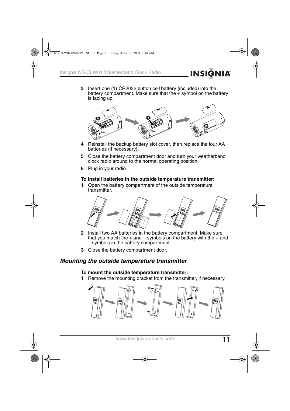 Mounting the outside temperature transmitter | Insignia NS-CLW01 User Manual | Page 11 / 21