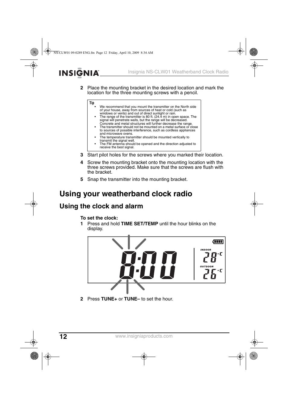 Using your weatherband clock radio, Using the clock and alarm | Insignia NS-CLW01 User Manual | Page 12 / 21