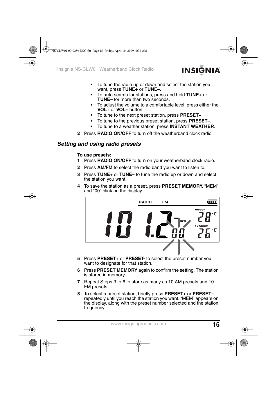 Setting and using radio presets | Insignia NS-CLW01 User Manual | Page 15 / 21