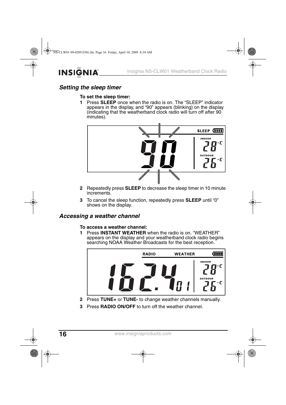 Setting the sleep timer, Accessing a weather channel | Insignia NS-CLW01 User Manual | Page 16 / 21