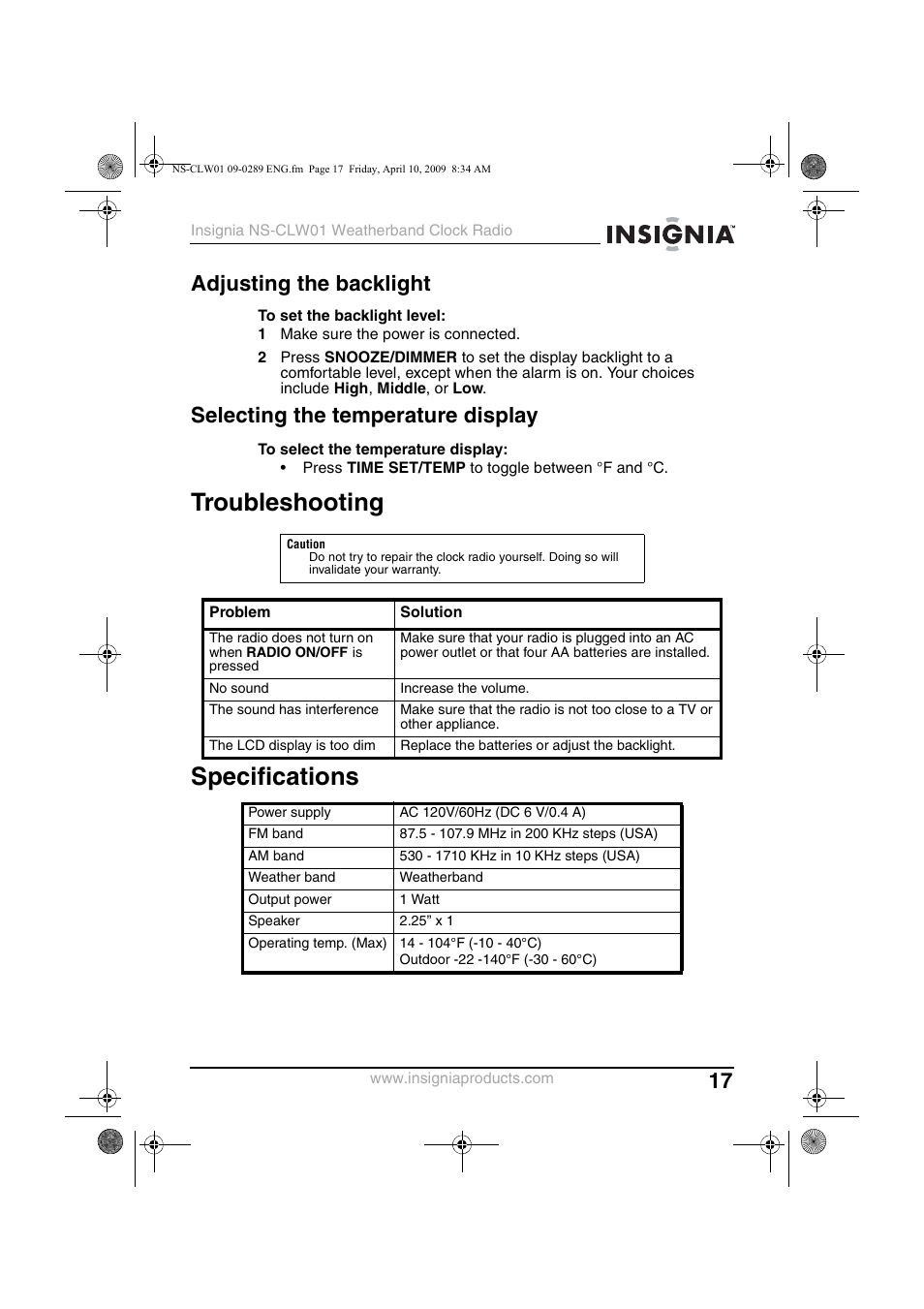 Adjusting the backlight, Selecting the temperature display, Troubleshooting | Specifications, Troubleshooting specifications | Insignia NS-CLW01 User Manual | Page 17 / 21