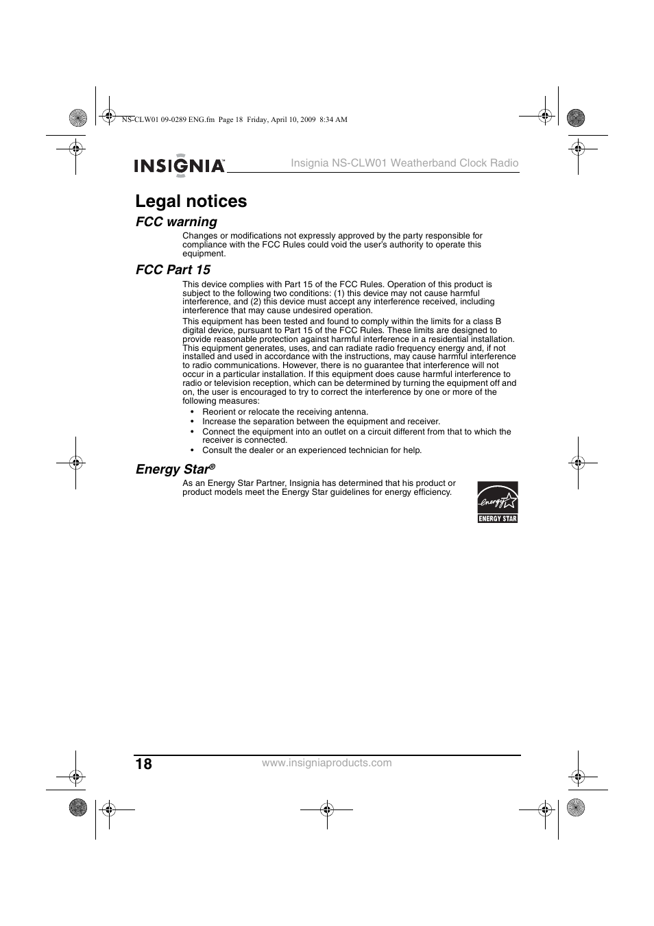 Legal notices, Fcc warning, Fcc part 15 | Energy star | Insignia NS-CLW01 User Manual | Page 18 / 21