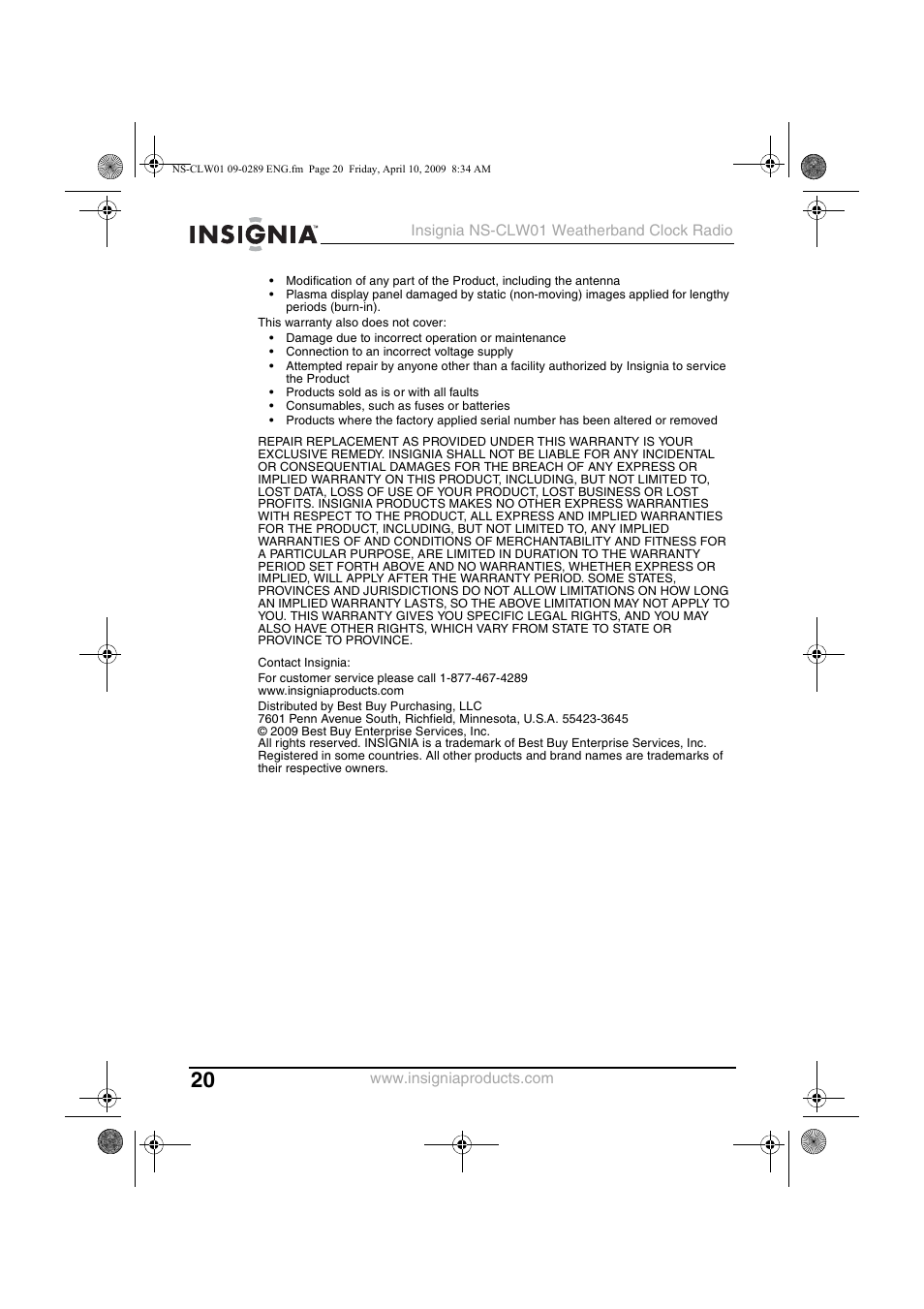 Insignia NS-CLW01 User Manual | Page 20 / 21