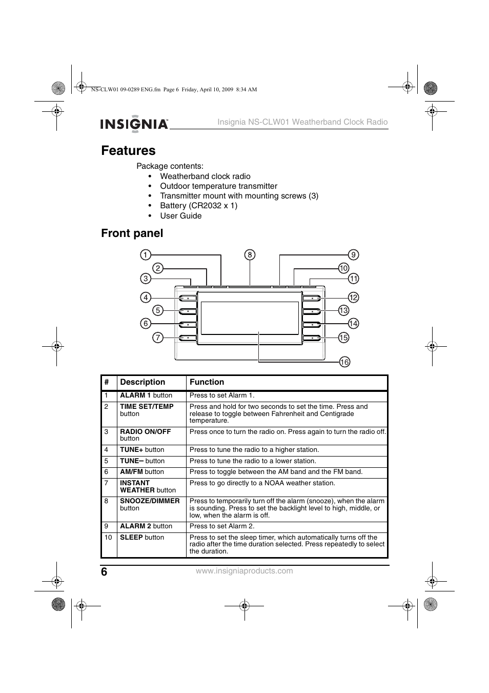 Features, Front panel | Insignia NS-CLW01 User Manual | Page 6 / 21
