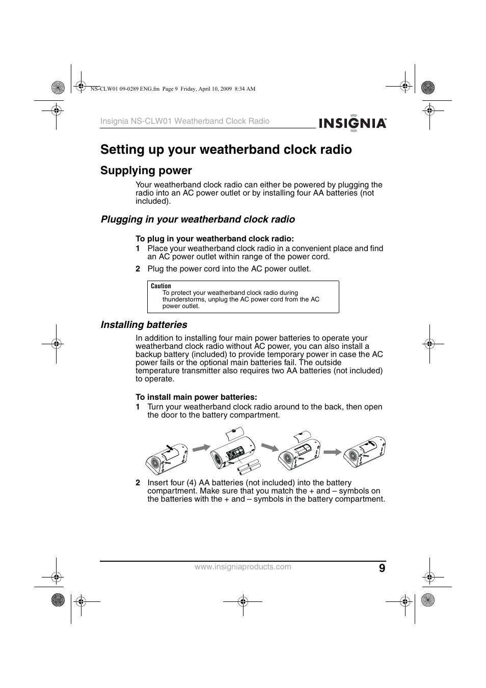 Setting up your weatherband clock radio, Supplying power, Plugging in your weatherband clock radio | Installing batteries | Insignia NS-CLW01 User Manual | Page 9 / 21